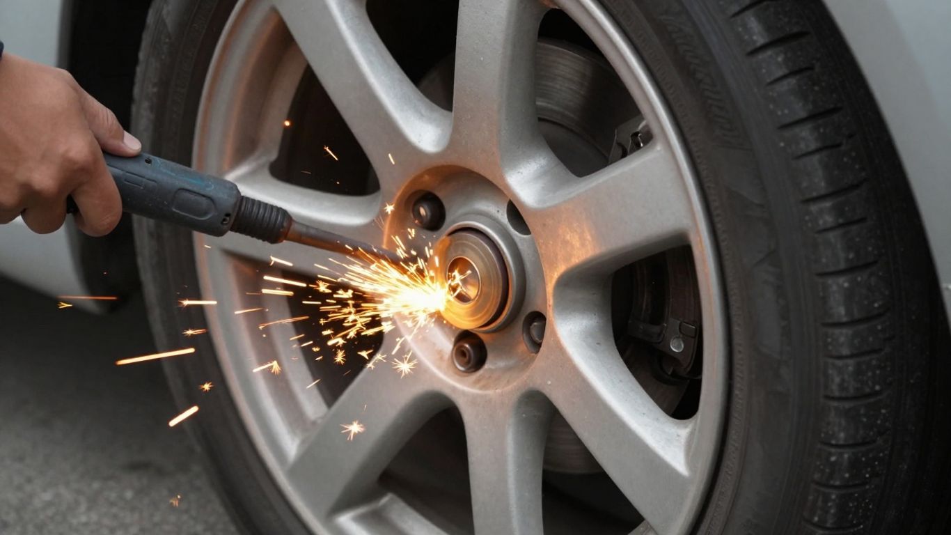 Oprava poškozeného ráfku automobilu s jiskrami.