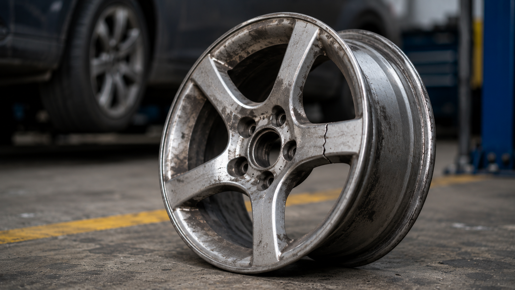 Prasklý hliníkový disk kola položený na podlaze autoservisu